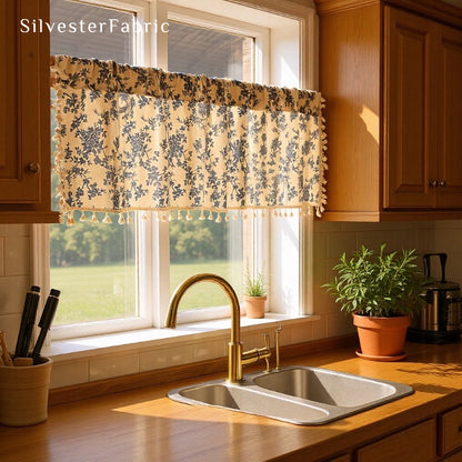 Close‑up of Blue Floral Farmhouse Cafe Curtain corner