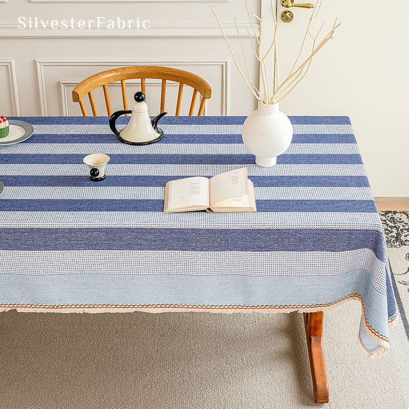 Blue striped color block tablecloth on the table