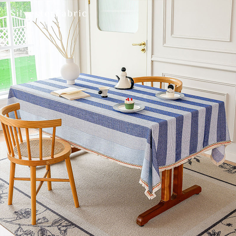 Blue striped color block tablecloth on the table