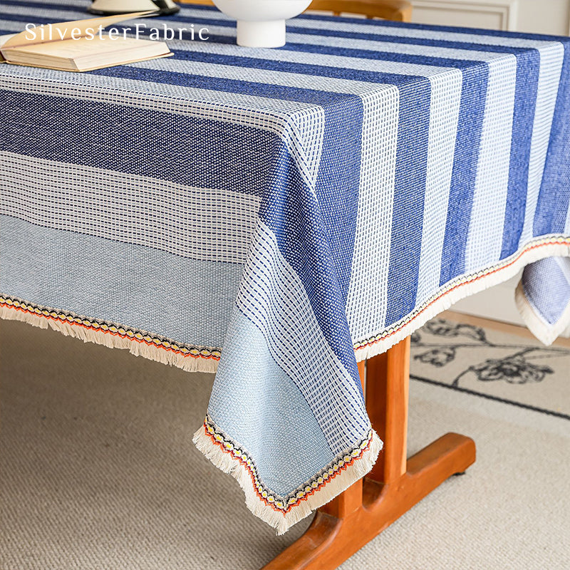 Blue striped color block tablecloth on the table