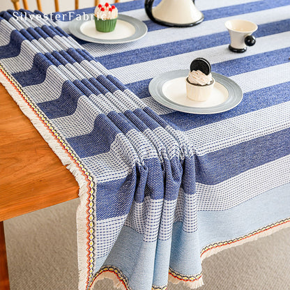 Blue striped color block tablecloth on the table