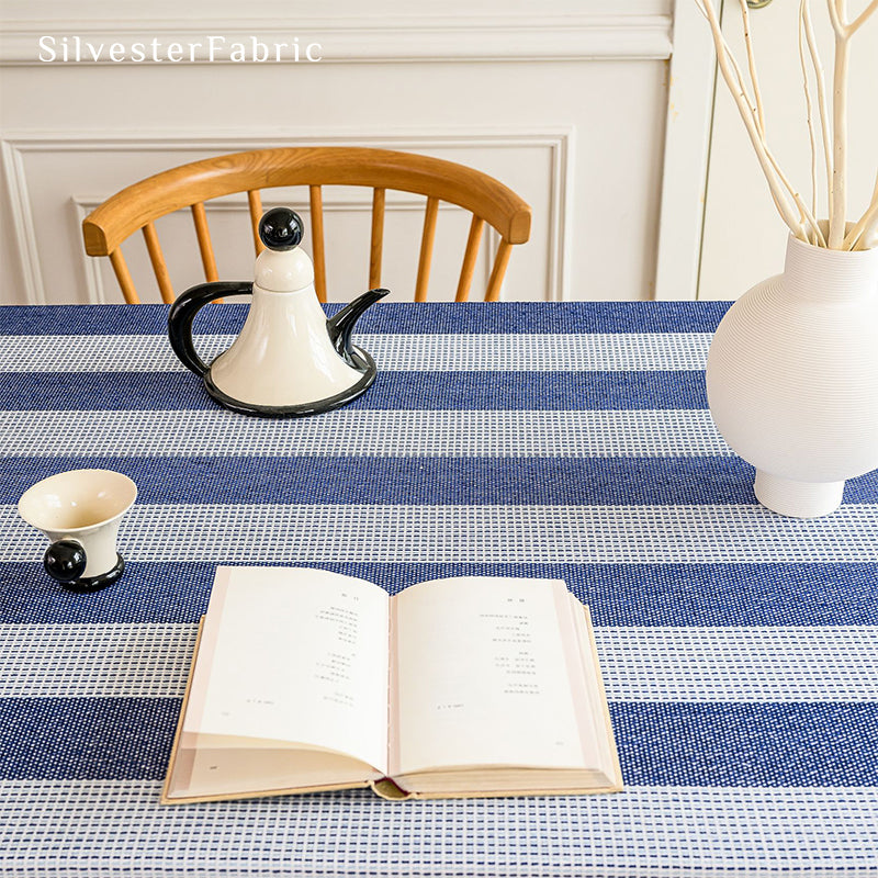 Blue striped color block tablecloth on the table