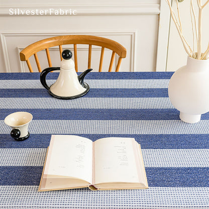 Blue striped color block tablecloth on the table