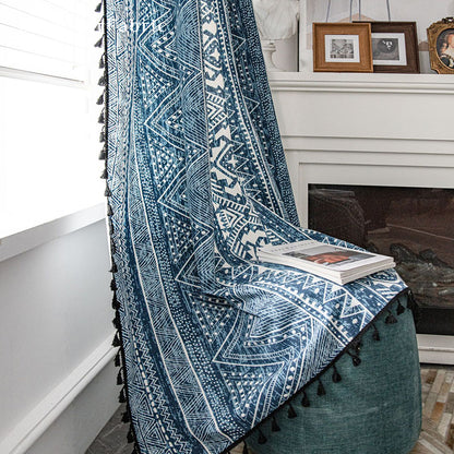 Bohemian Blue Print Curtains Hanging in Window