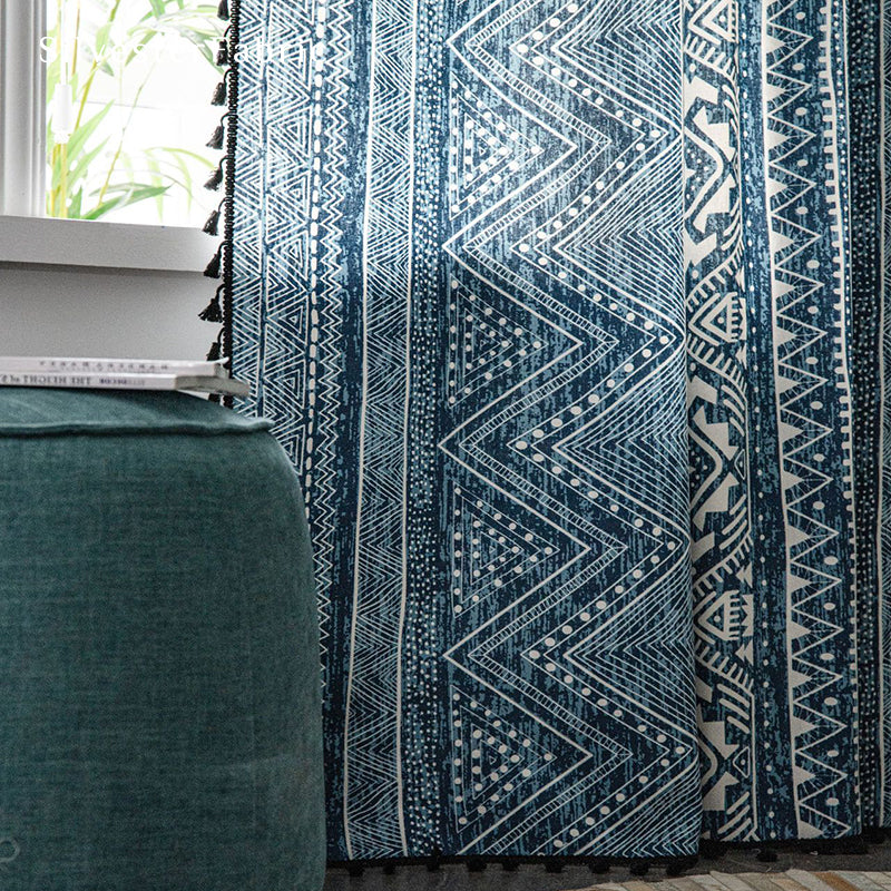 Bohemian Blue Print Curtains Hanging in Window