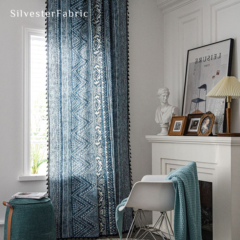 Bohemian Blue Print Curtains Hanging in Window