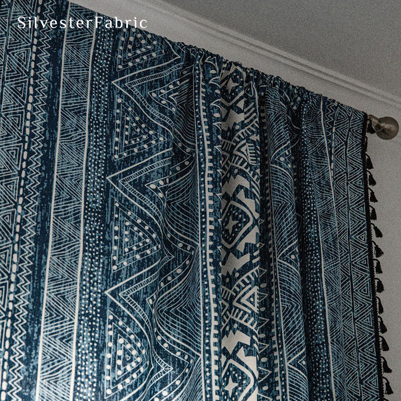 Bohemian Blue Print Curtains Hanging in Window