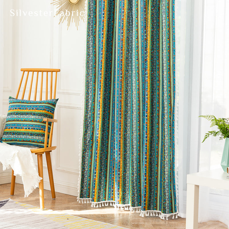 Boho Blackout Curtains丨Boho Curtains丨Blue Striped Curtains