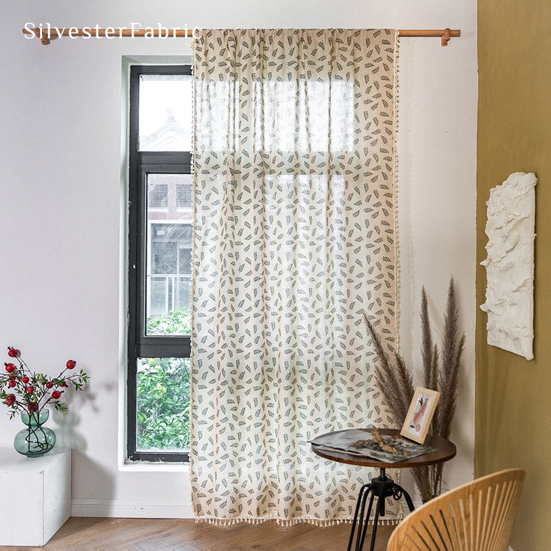 Close-up of a Beige Botanical French Curtain