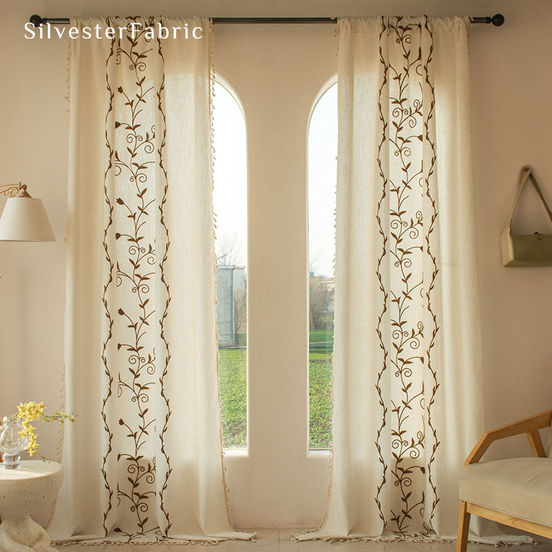 Brown Embroidered Curtains丨Farmhouse Window Curtains