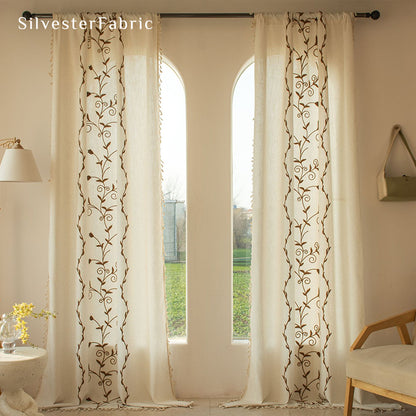 Brown Embroidered Curtains丨Farmhouse Window Curtains