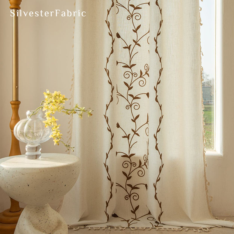 Brown Embroidered Curtains丨Farmhouse Window Curtains