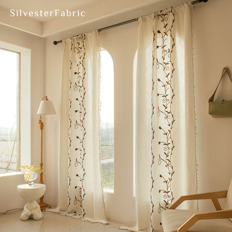 Brown Embroidered Curtains丨Farmhouse Window Curtains