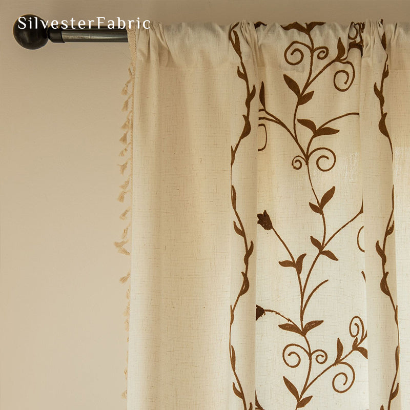 Brown Embroidered Curtains丨Farmhouse Window Curtains