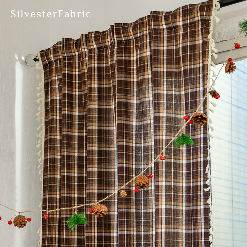 Close‑up of Brown Norwegian Christmas Plaid Curtain corner