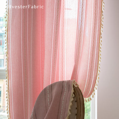 Beige French Embroidered Line Striped Semi Blackout Window Curtains