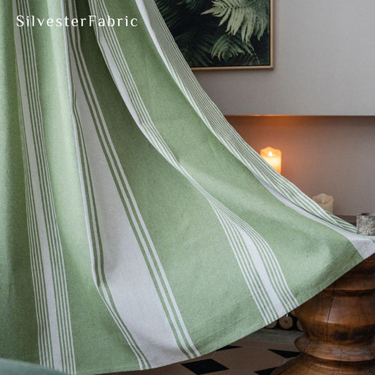 Green French Striped Semi Blackout Cotton Vintage Linen Window Curtains