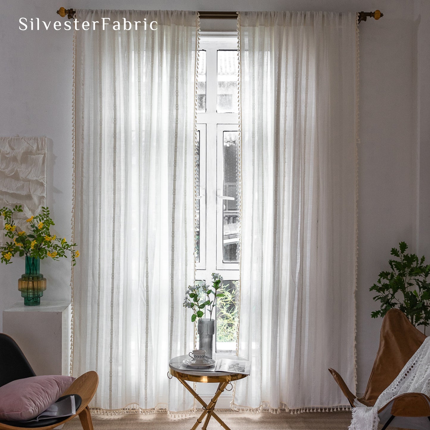 White French Striped Embroidered Line Semi Blackout Window Curtains