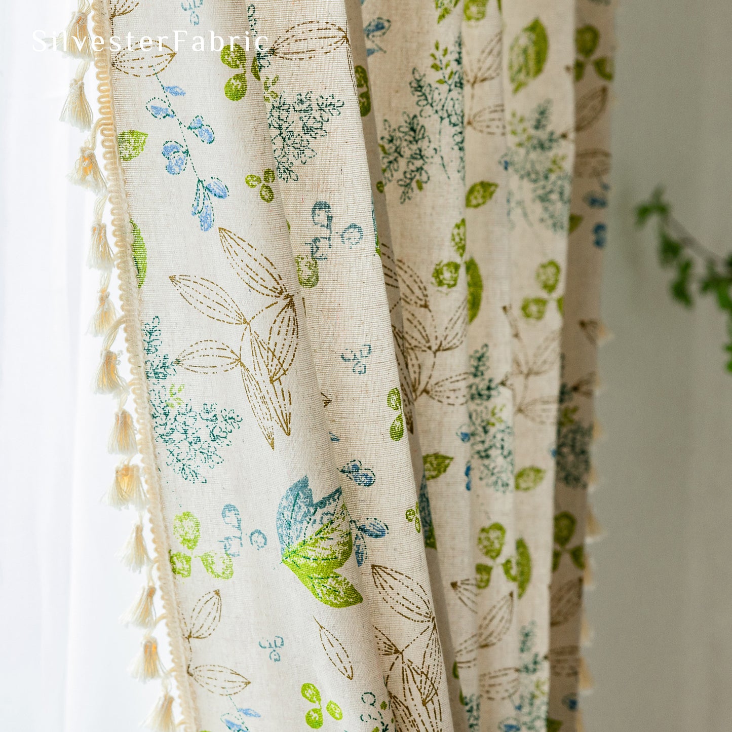Green Floral Plant Print Linen French Semi Blackout Window Curtains
