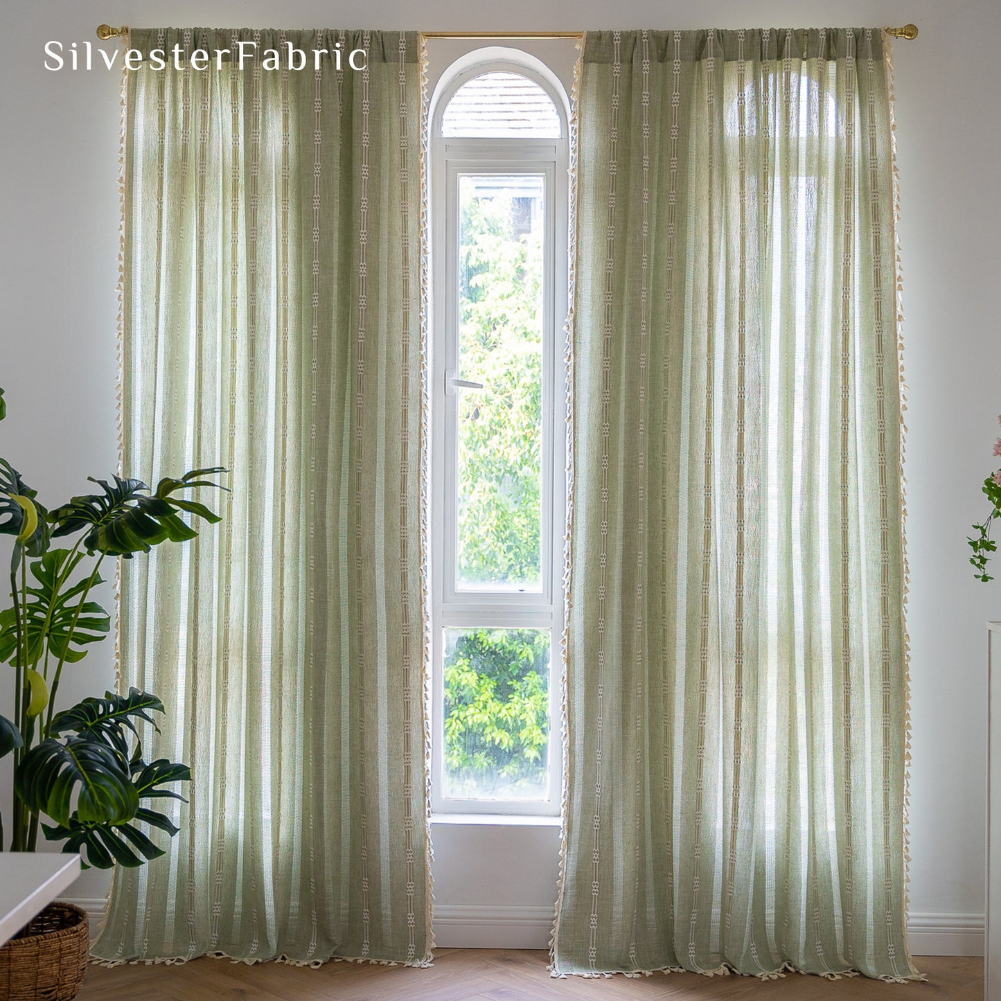 Green French Striped Embroidered Line Semi Blackout Window Curtains