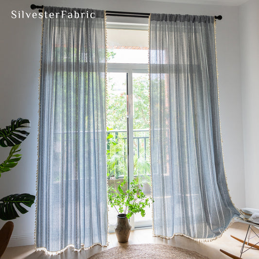 Grey Embroidered Line Striped Vintage Semi Blackout Window Curtains