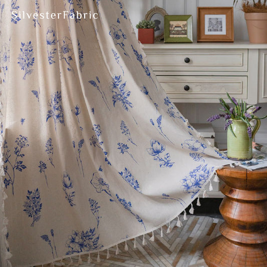 Blue Floral Print French Linen Semi Blackout Window Vintage Curtains