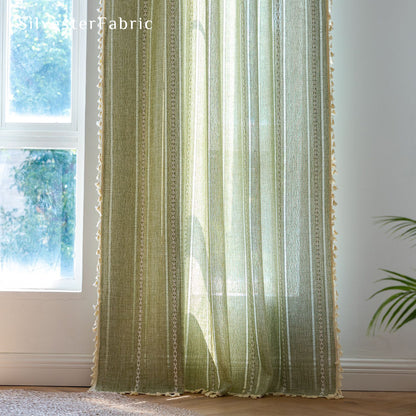 Green Striped Embroidered Line Semi Blackout Window Vintage Curtains