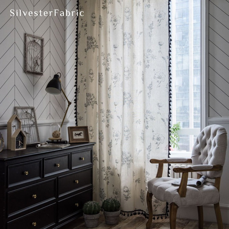 Grey Floral Curtains丨Vintage Floral Curtains