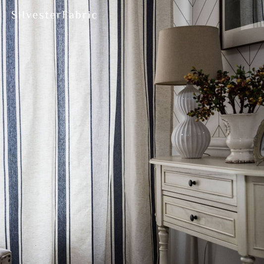 Blue Striped Linen Curtains丨Rod Pocket Curtains - Silvester Fabric