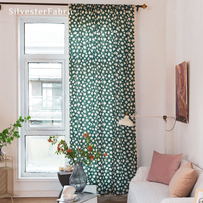 Green French Cotton White Floral Print Semi Blackout Window Curtains