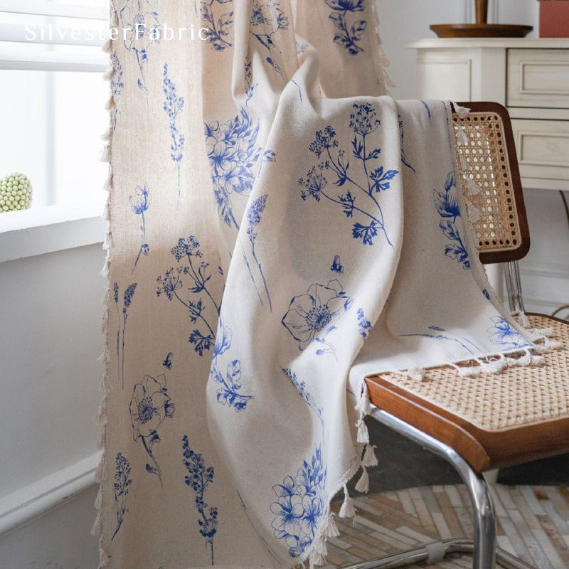 Blue Floral Curtains丨Rod Pocket Curtains - Silvester Fabric