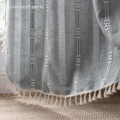 Grey French Embroidered Line Striped Semi Blackout Window Curtains