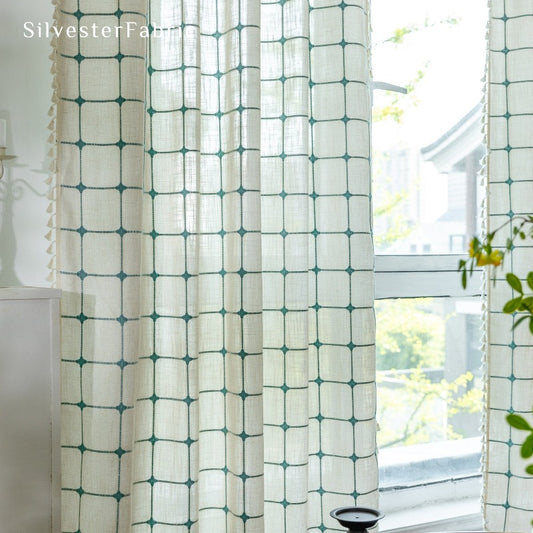 Embroidered Plaid off white curtains to hang over your bedroom window