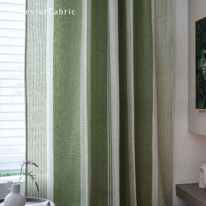 Green And White Striped Curtains丨Semi Sheer Linen Curtains