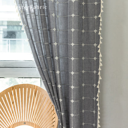 Gray Plaid Embroidered Line French Semi Blackout Window Curtains