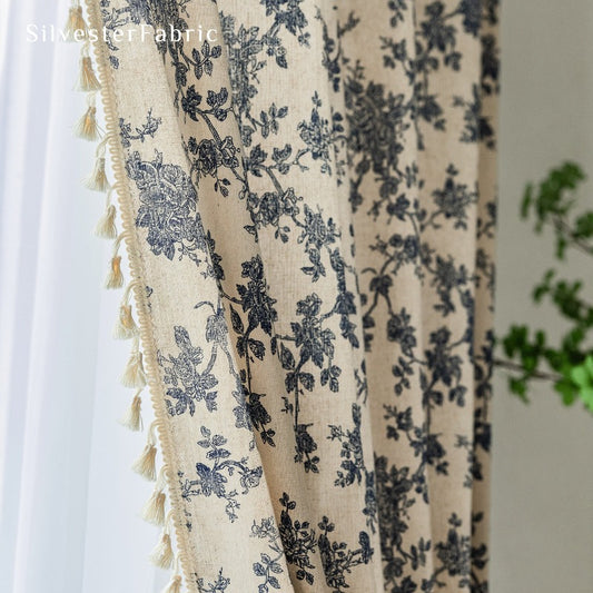 Vintage Blue Floral Curtains丨Natural Linen Curtains