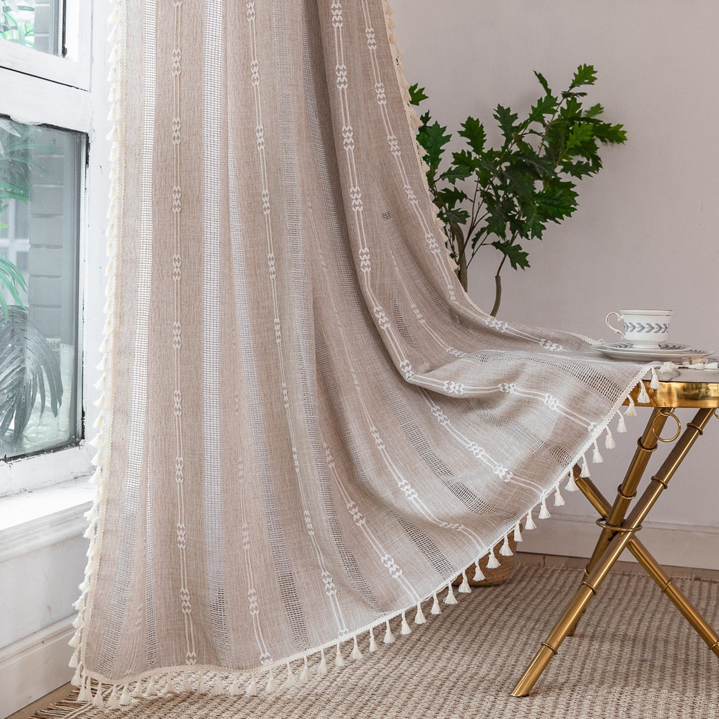 French Beige Embroidered Line Striped Semi Blackout Window Curtains