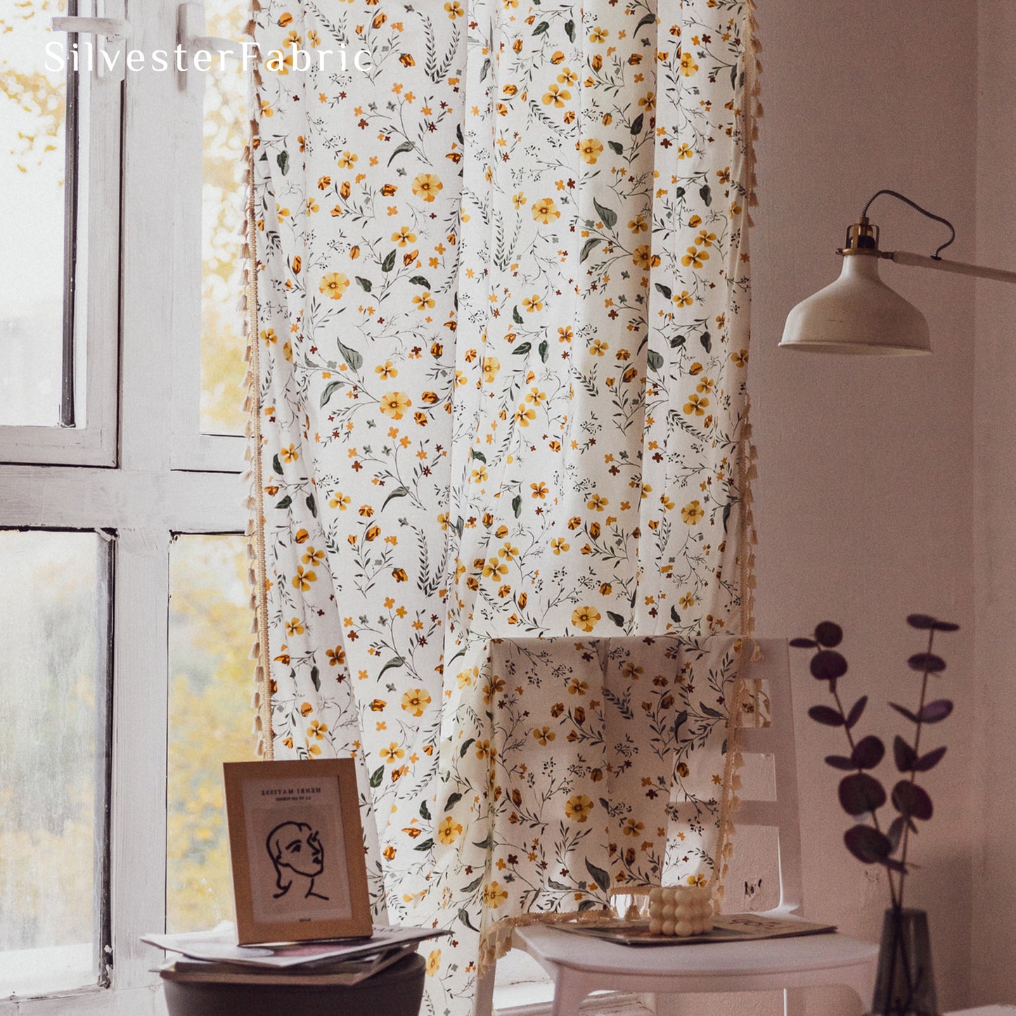 Yellow Petal Floral Print Cotton French Semi Blackout Window Curtains