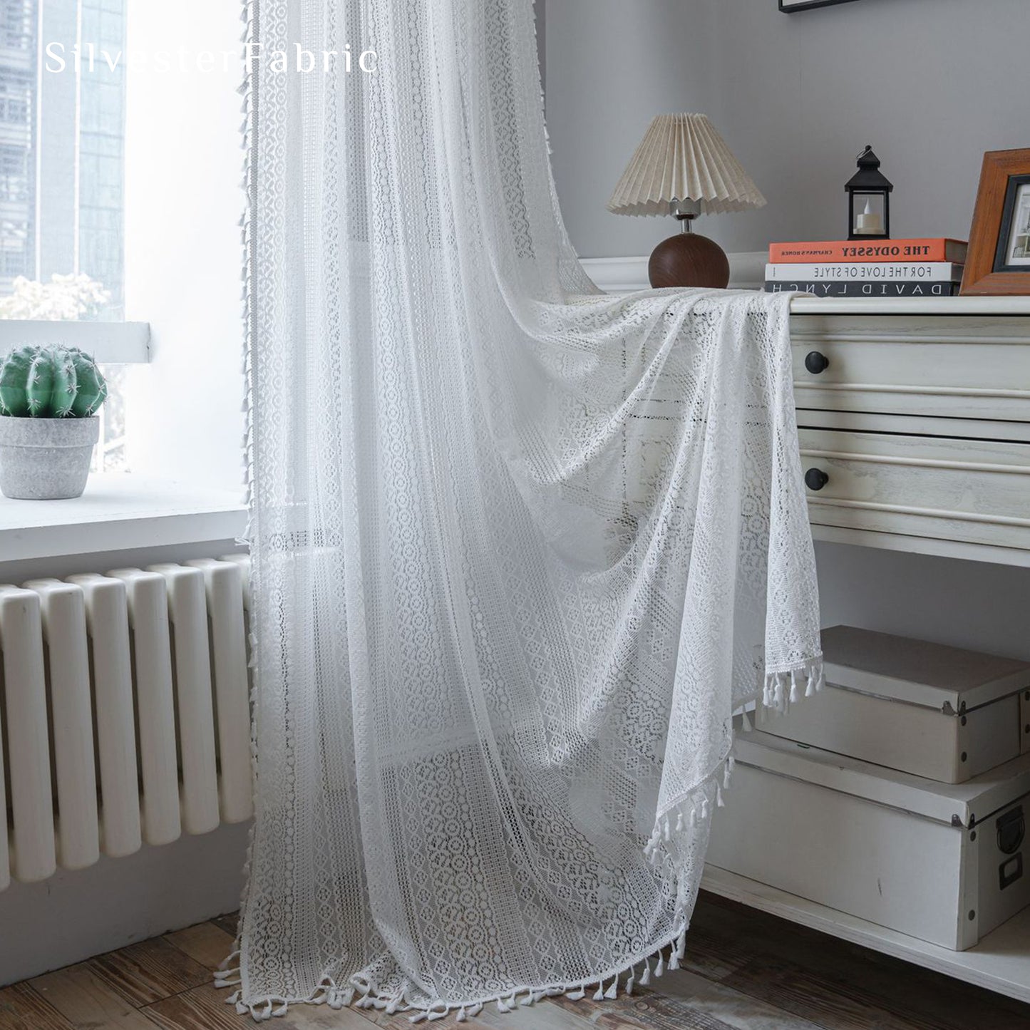 French White Lace Openwork Semi Blackout Window Polyester Curtains
