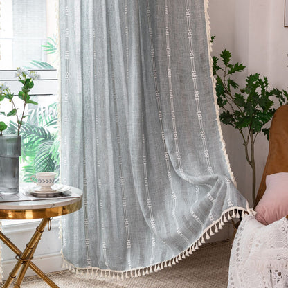 Grey French Embroidered Line Striped Semi Blackout Window Curtains