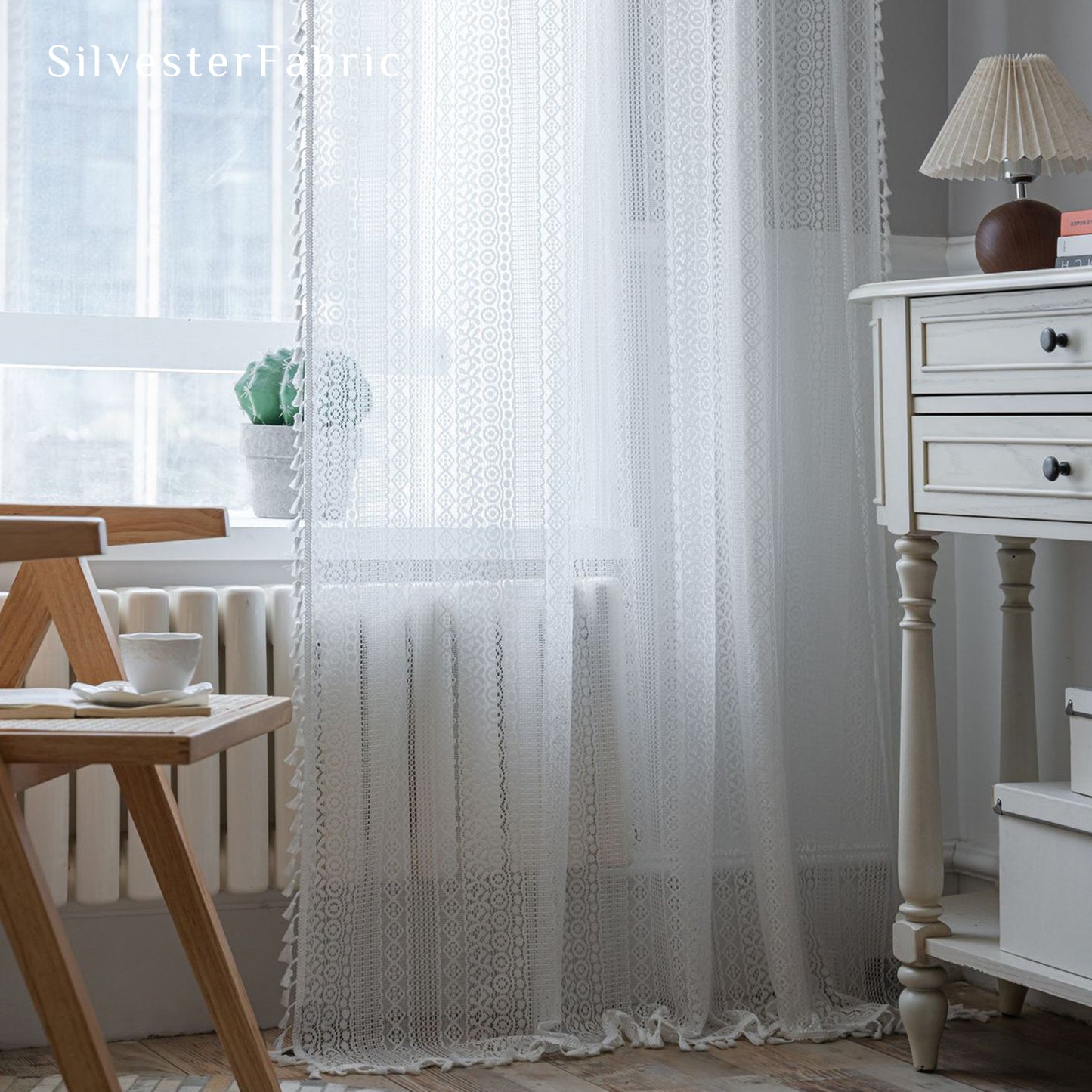 French White Lace Openwork Semi Blackout Window Polyester Curtains