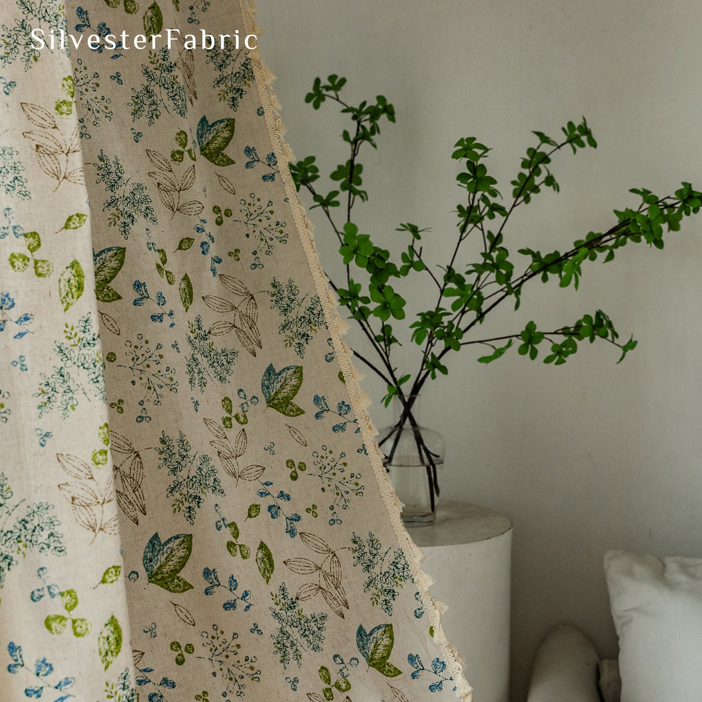Green Floral Plant Print Linen French Semi Blackout Window Curtains