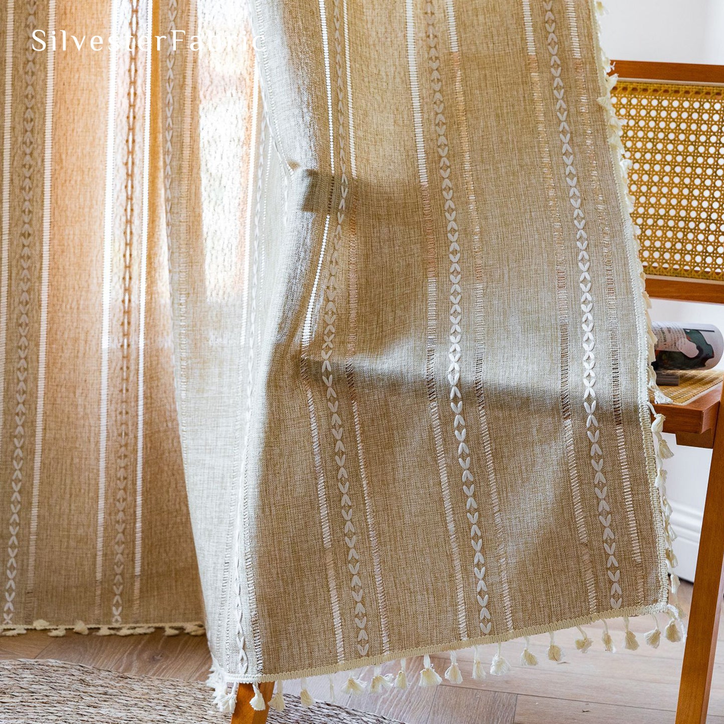 Beige French Embroidered Line Striped Semi Blackout Window Curtains