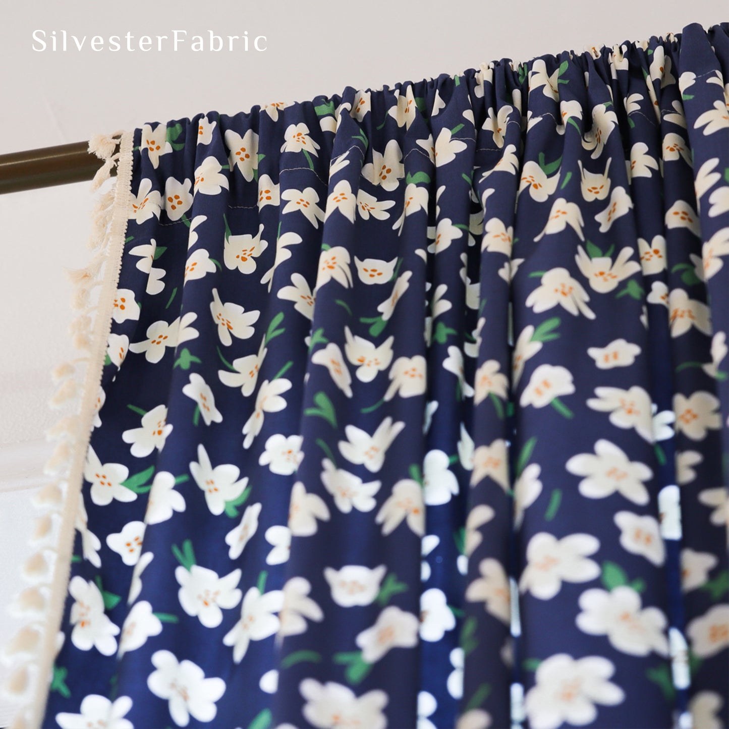 Green French Cotton White Floral Print Semi Blackout Window Curtains