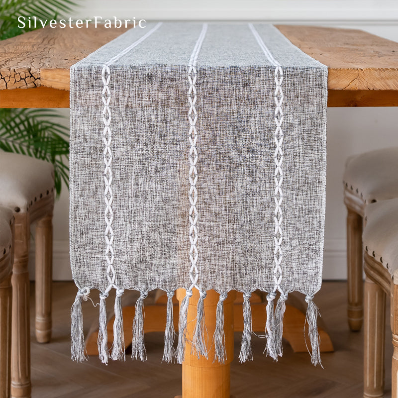 dark grey table runner edge stitching detail