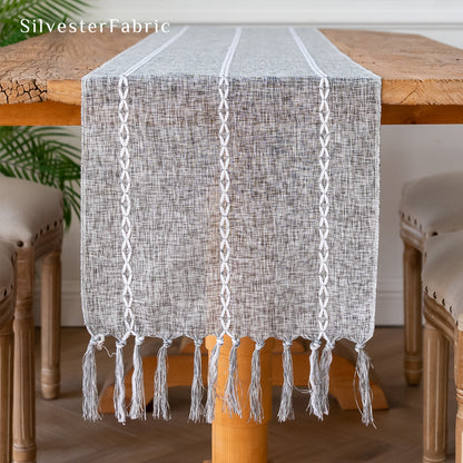 dark grey table runner edge stitching detail