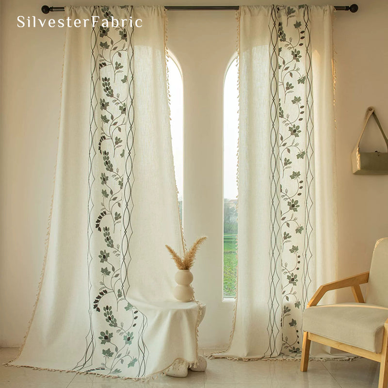 Green Embroidered White Curtains丨Kitchen Window Curtains