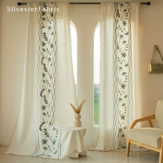 Green Embroidered White Curtains丨Kitchen Window Curtains