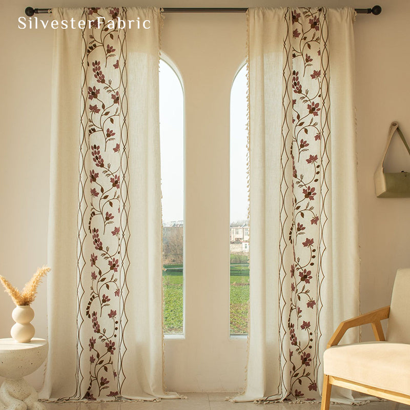 Purple Embroidered White Curtains丨Kitchen Window Curtains