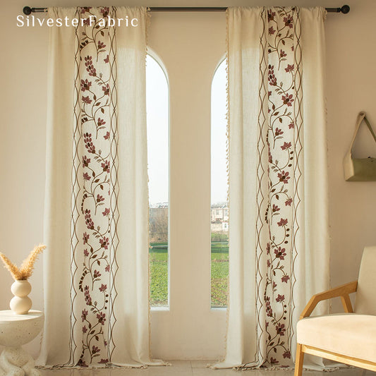 Purple Embroidered White Curtains丨Kitchen Window Curtains